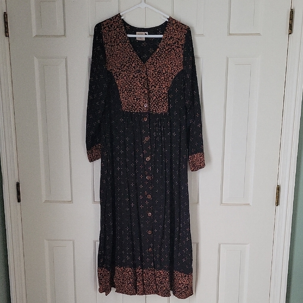 Banyan Tree womens long sleeve full button down maxi dress sz M Prairie